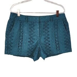 LOFT Ann Taylor Teal Eyelet Cotton Shorts Size 8‎ Flat Front Casual EUC